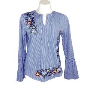 Caslon women's blue white striped top floral embroidery bell sleeve size small